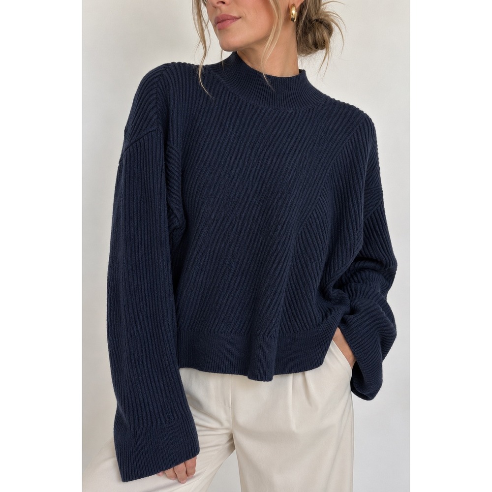 RD Style Navy Blue Ribbed Mock Neck Cotton Blend Sweater Large